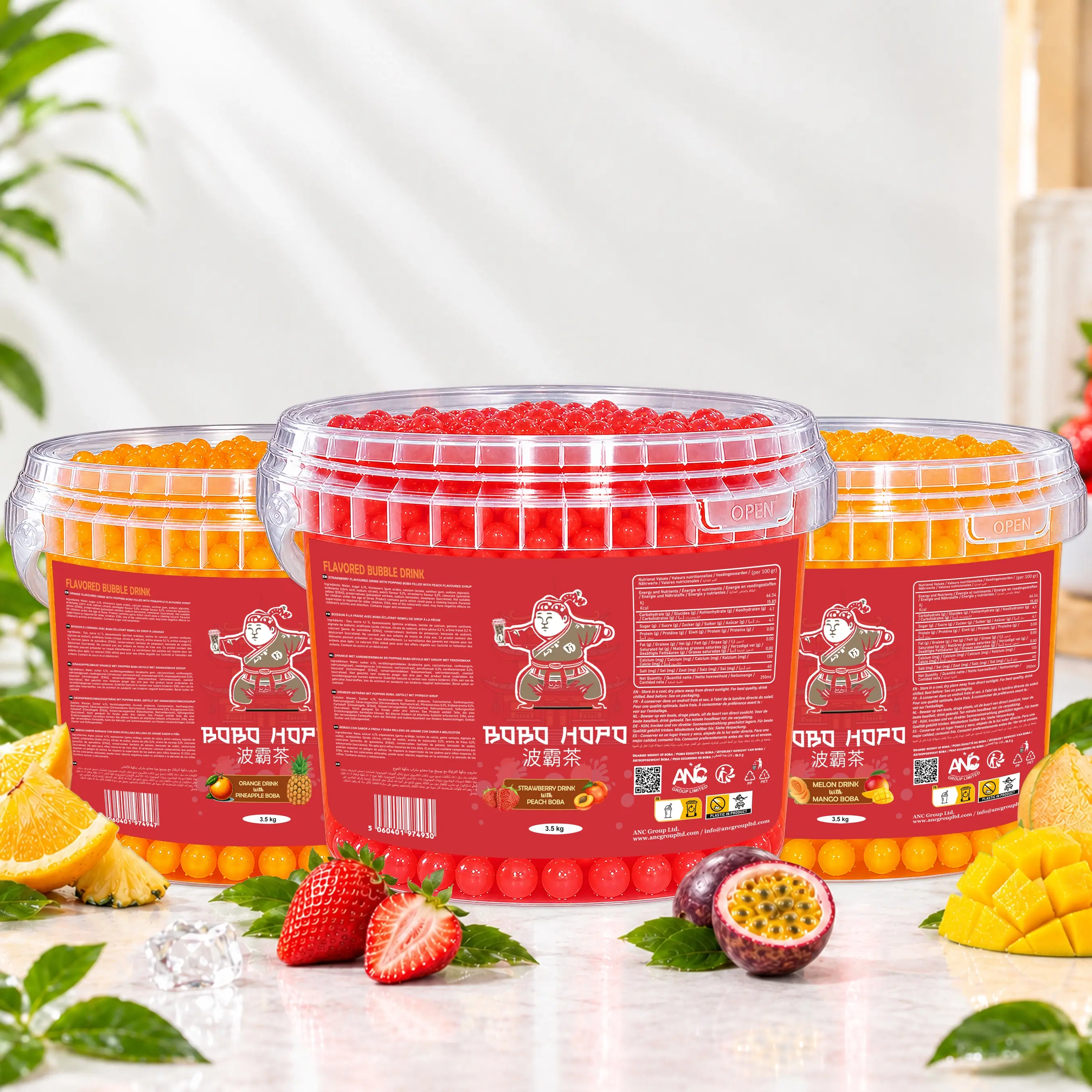 Three BOBO HOPO 3.5kg popping boba buckets featuring orange pineapple, strawberry peach, and melon mango flavours.